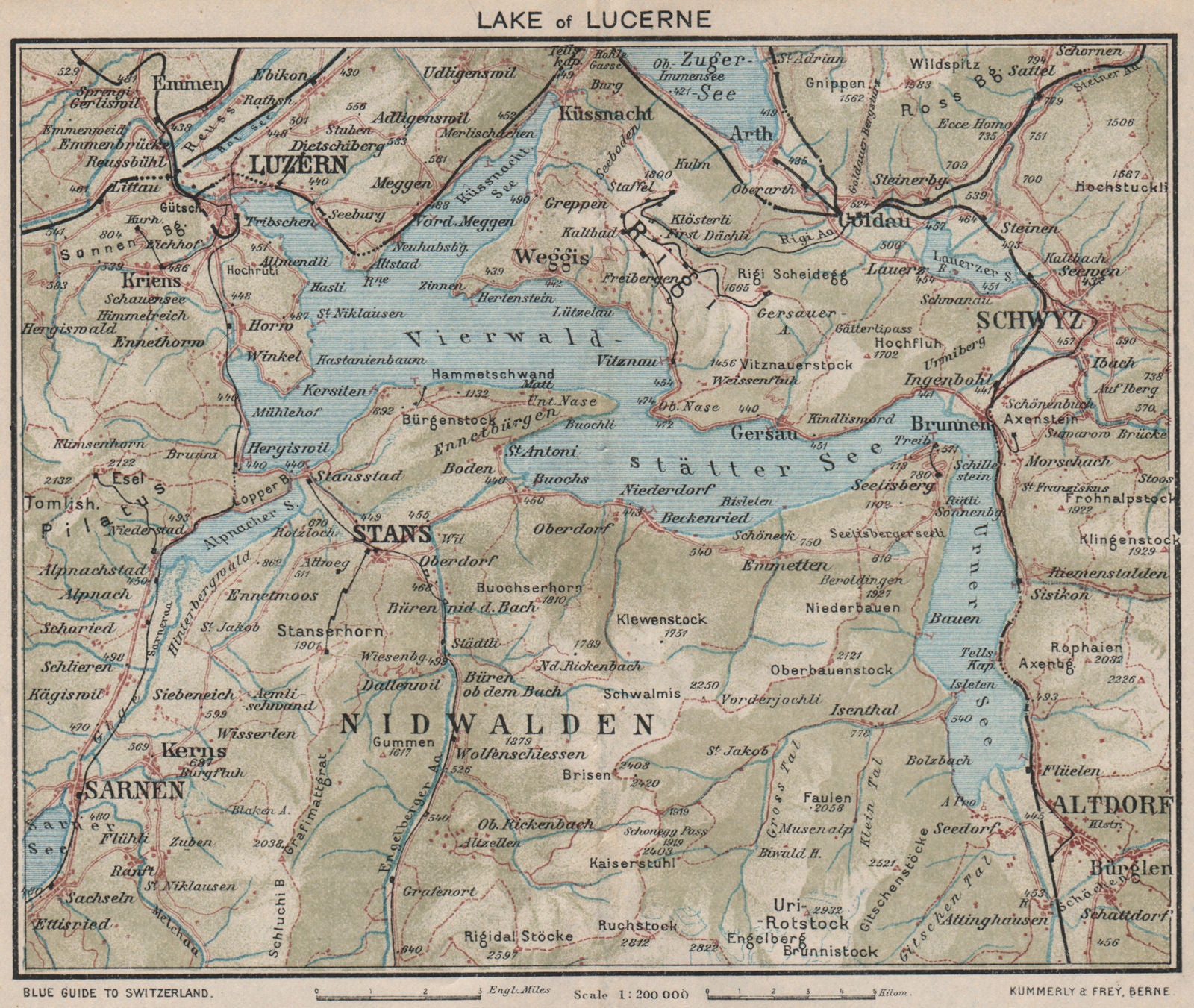 LAKE LUCERNE. Vierwaldstättersee. Luzern Altdorf Emmetten Engelberg 1930 map